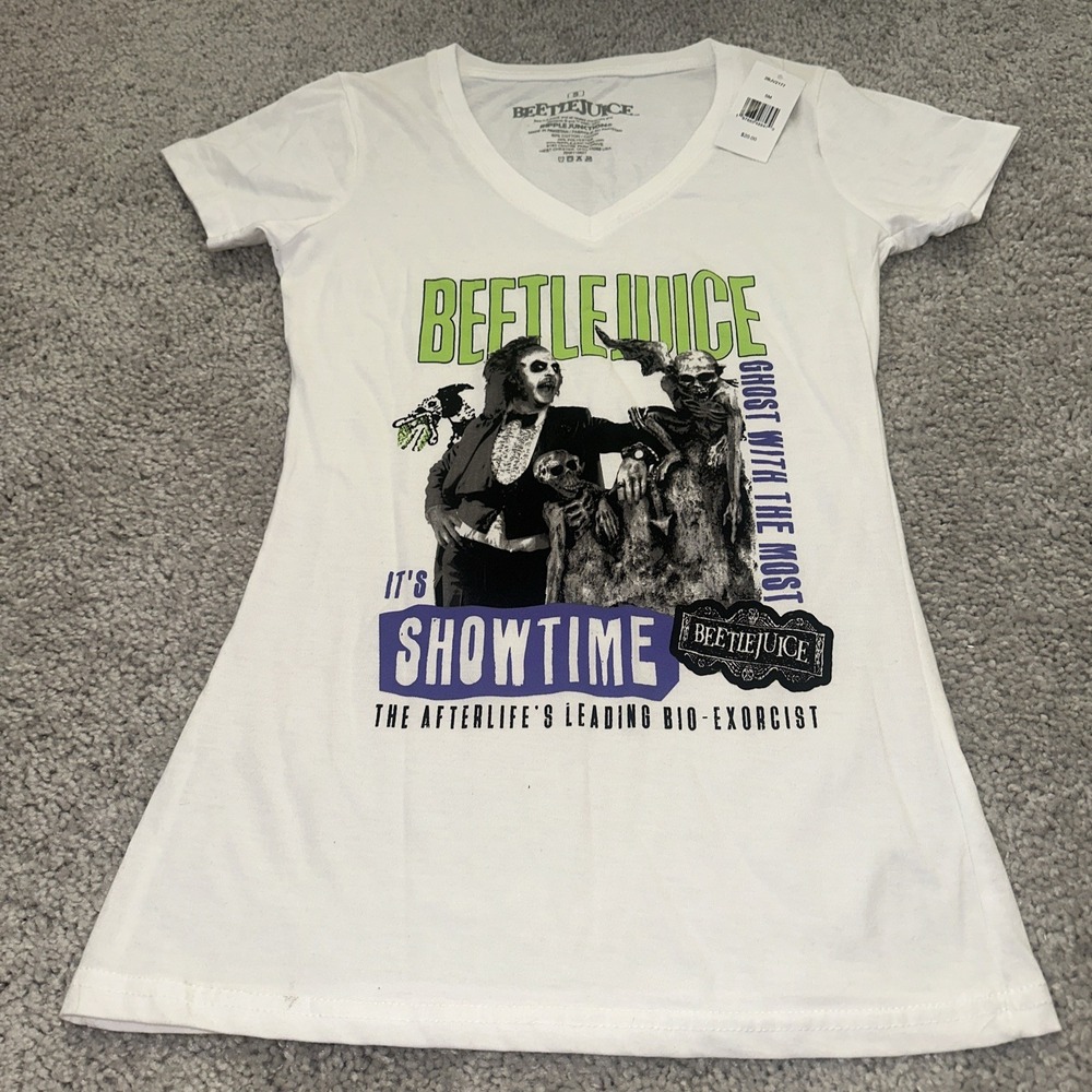 Beetlejuice Ghost with the Most Showtime T-Shirt White V-Neck Women's Small NEW